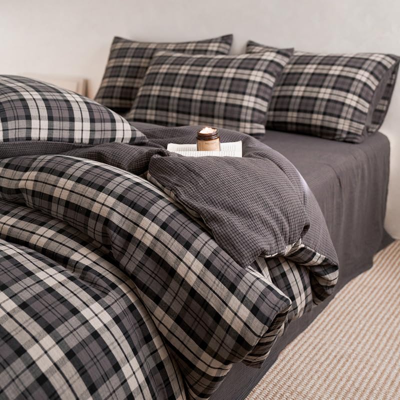 Image of VM VOUGEMARKET Grey Gingham Duvet Cover King Size,Soft Double Layer Cotton Bedding Set with Jacquard Plaid Check Pattern,Breathable Reversible Duvet Cover with Zipper Closure