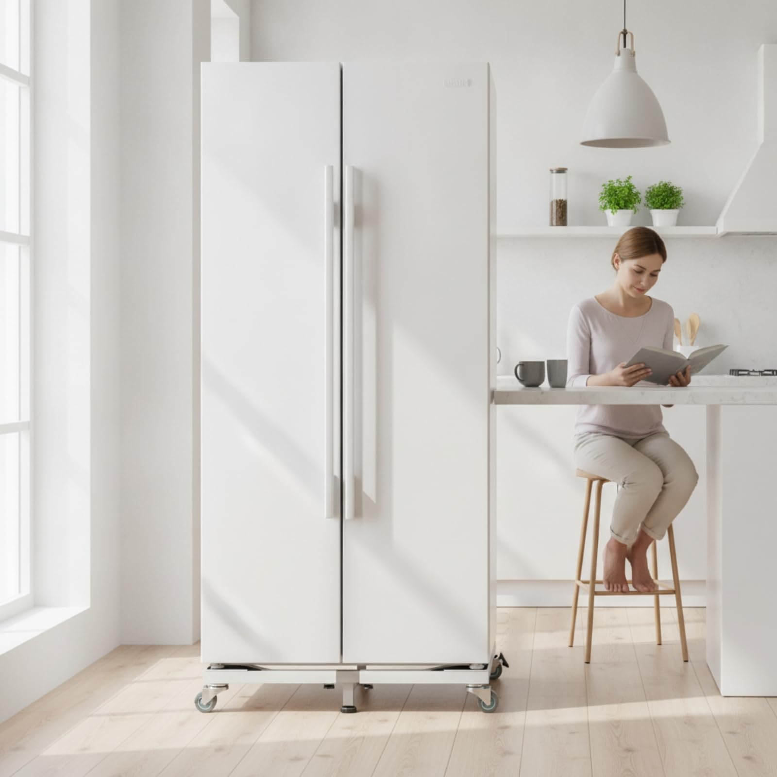 Kühlschrank Untergestell Sockel Plattform Rahmen Rollenständer aus Edelstahl mit Höhengebendem Aufbau Und Vibrationsdämpfenden Ecken für Küche Haushalt Reinigung, Schwarz