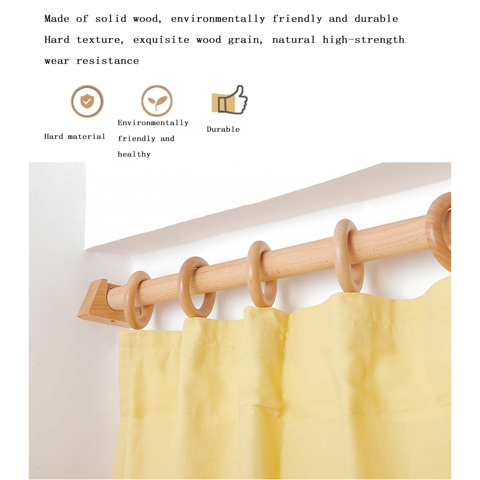 Tringle à rideaux en bois massif avec bride - 160 cm - Support latéral en bois durable - Fonctionnement silencieux - Idéal pour la décoration de la maison et les traitements de fenêtre.