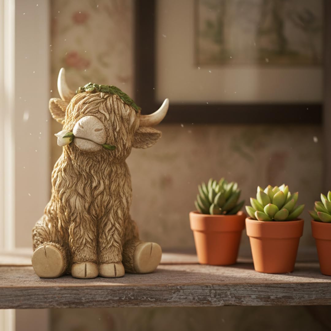 8-Inch Highland Cow Statue - Cute Cartoon Resin Figurine for Farmhouse Decor, Home & Desk, for Family & Friends
