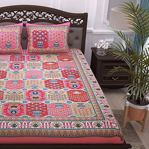 Image of Story@Home 100% Cotton Bedsheet for Double Bed with 2 Pillow Covers|90x108 Inch Floral Pink and Blue