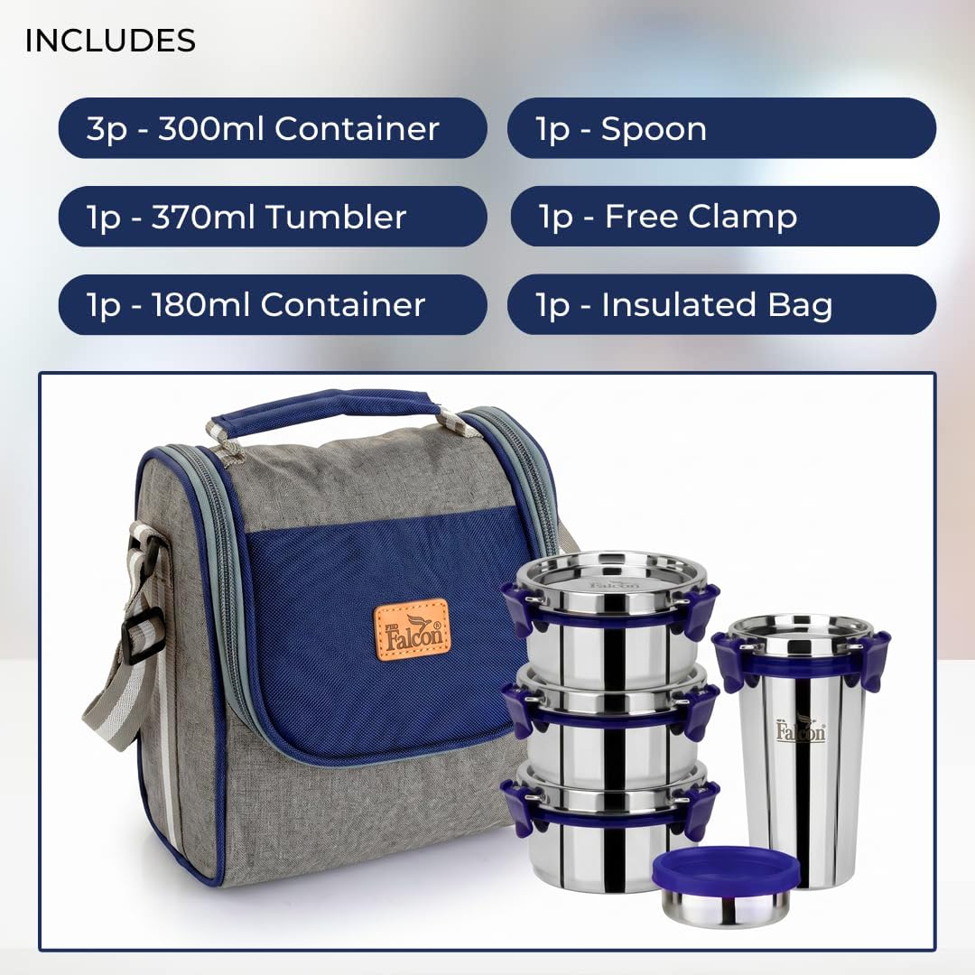 PDDFALCON Stainless Steel EcoNxt Executive Lunch Box Set of 4 containers with Insulated Bag, BIS Certified, Food Grade, BPA Free, Jindal Seal & Made in India. (Navy Blue - 1430ml) 2