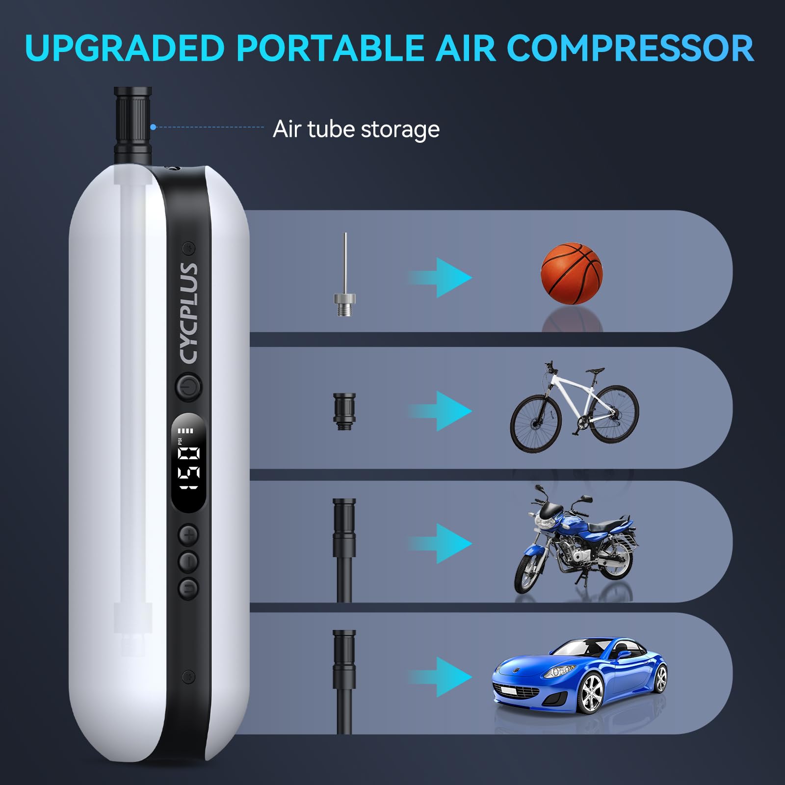 CYCPLUS Electric Air Compressor Portable Bicycle Pump Car Tire Inflator, Max 150 PSI, Auto Shut-Off Air Pump with Presta and Schrader Valves for All Bicycles Motorcycles and Cars