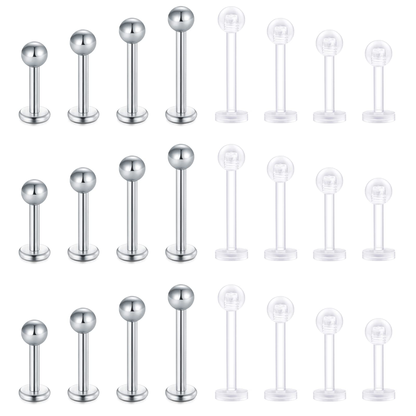 Briana Williams6pcs Tragus Earrings Silver Stainless Steel Lip Bars Labret Stud Set 6mm 16G Flat Back Piercing Jewellery