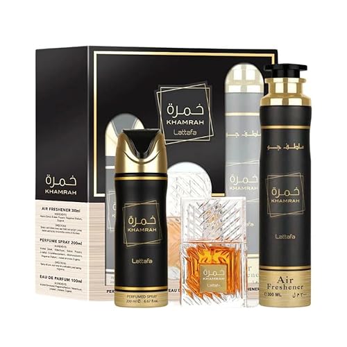 Lattafa Khamrah For Unisex 3 Piece Gift Set (3.4 Fl Oz EDP + 6.67 Fl Oz Deo + 10.14 Fl Oz Air Freshener) - Image 4