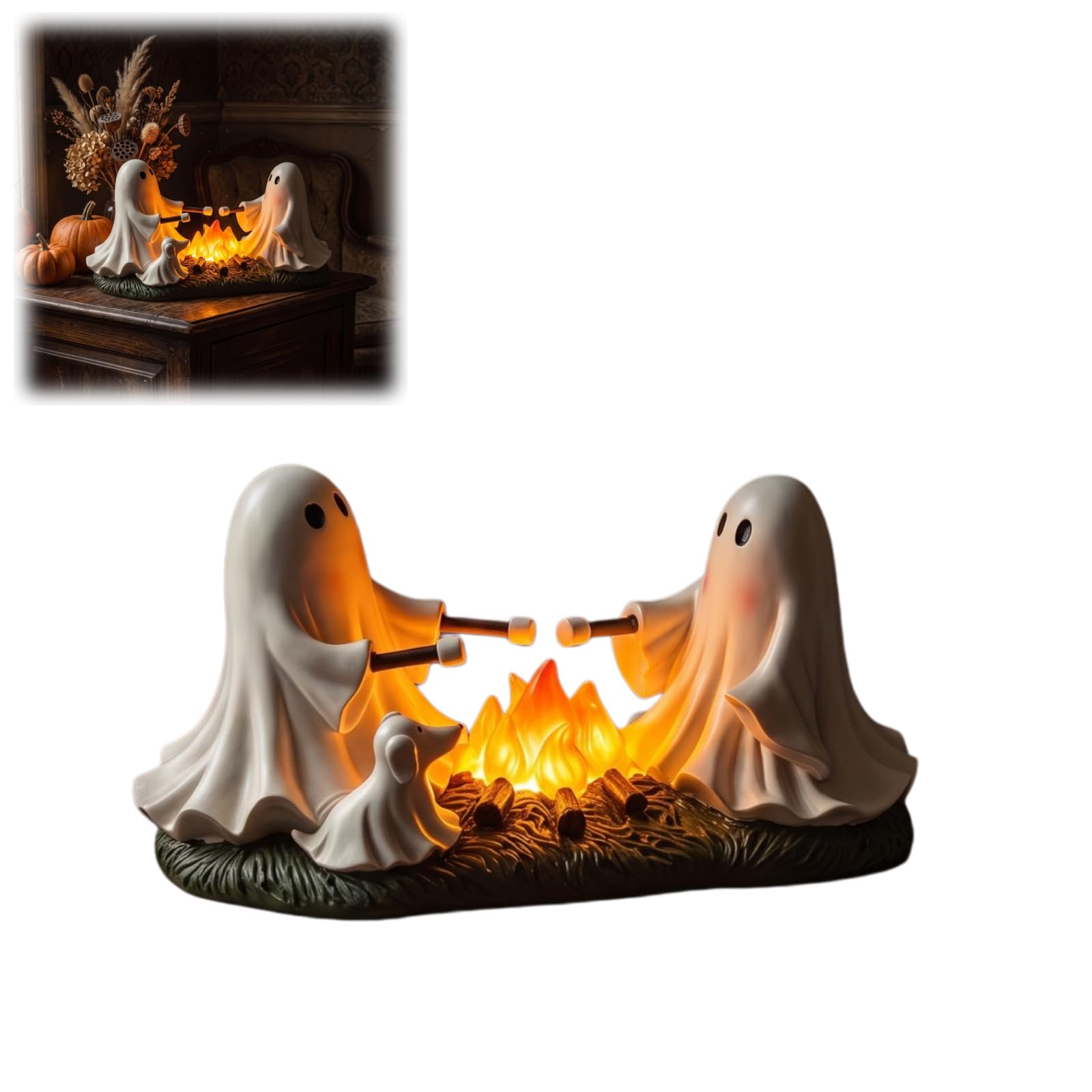 Ghost Campfire Night Light, Plug-in Wall Light with Flickering Flame Effect, 3D Cute Spooky Marshmallow Ghost Design, Warm Glow Resin, for Bedroom, Living Room, Halloween Decor (White, Small)