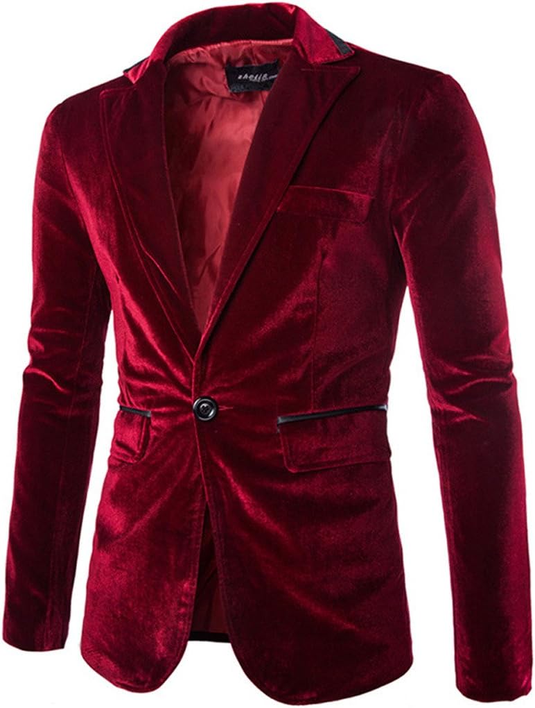 Porlox Men's Slim Fit Peaked Lapel 1 Button Velvet Blazer Jacket