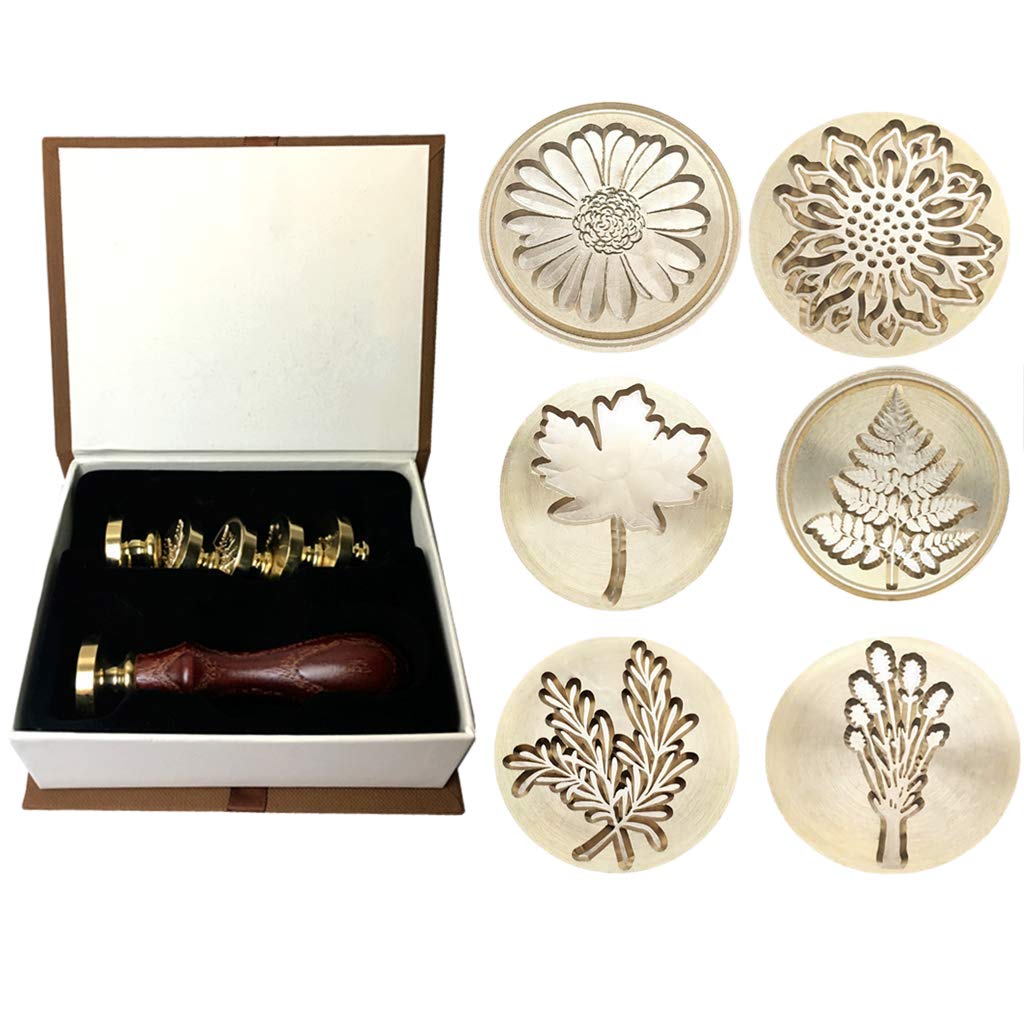 Katigan Moorlando Wax Seal Stamp Set, 6Pcs Botanical Sealing Wax Stamp Brass Heads + 1Pc Wooden Handle with A Gift Box Vintage