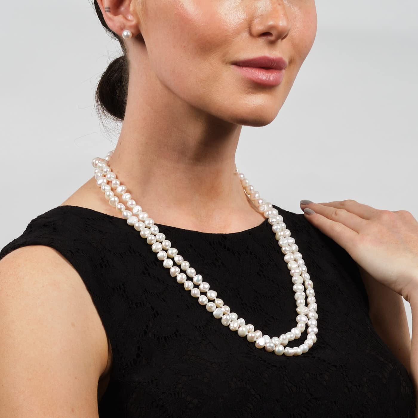 Treasure Bay Elegante collar de cuerda de perlas barrocas de agua dulce de 7 a 8 mm para mujer, 120 cm de largo, cadena de perlas multicapa hecha a mano, blanco, negro, rosa o gris