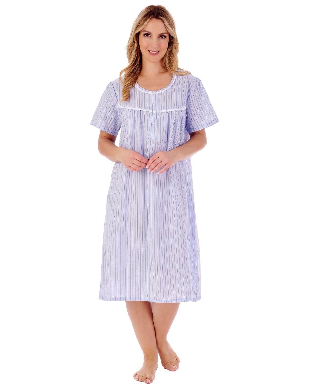 Slenderella Seersucker Short Sleeve Buttoned Top 42 inch Nightdress (20/22, Blue)