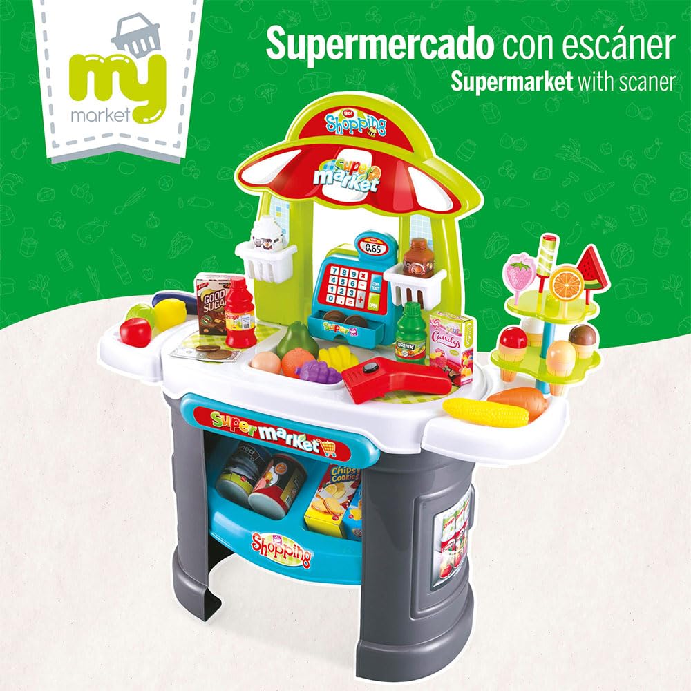 COLORBABY My Home - Supermercato giocattolo My Home con scanner, luce e suono, misura 66 x 25 x 68 cm, include più di 40 accessori, negozio per bambini, gioco educativo per bambini +3 anni (47966)