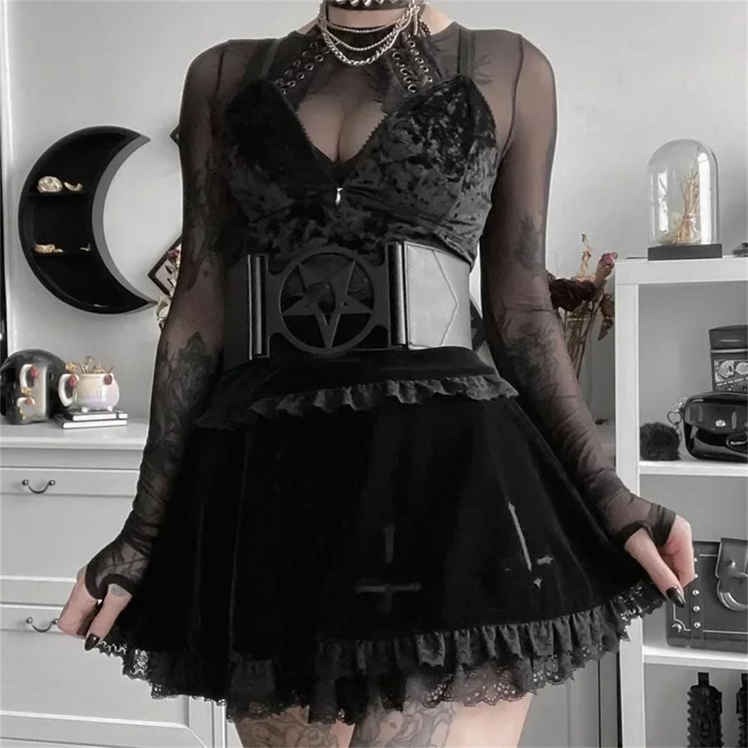 Gonna da donna in pizzo scuro vintage Harajuku a vita alta con volant in pizzo