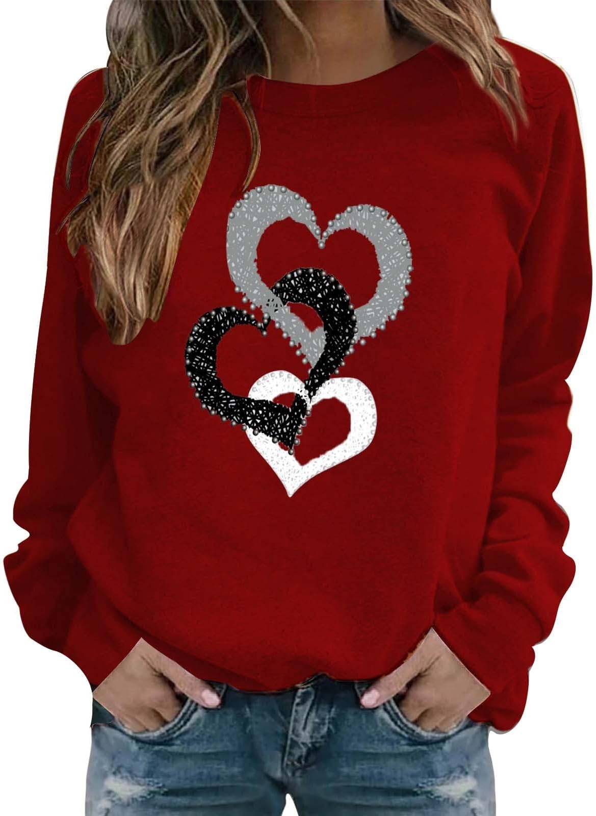 CHUOANDSweatshirts for Women, Chain Love Print Casual Valentines Day Shirts Women Round Neck Long/Short Sleeve T Shirt