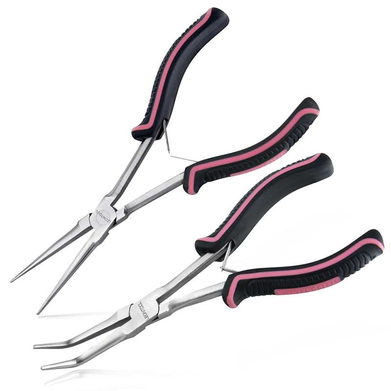 Kit de Alicates de Bico Longo 17,8 cm LEONTOOL com Mandíbulas Lisas, Reto e Curvo, para Fios e Joias, 2 peças