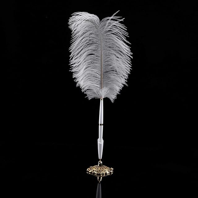 Signing Pen,Feather Signing Pen Ostrich Feather Quill Pen Stand Signing Ballpoint Writing Pen With Metal Holder Use for Stationery Gift (Silver, Gold) (Golden)