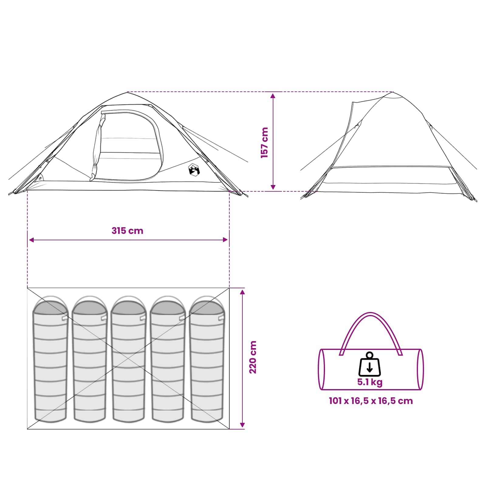 Namiot natychmiastowy, oliwkowy, zielony, z poliestru i stali, 305 x 215 x 140 cm, składany, z otworem powietrznym, na kemping, wędrówki, trekking, festiwal, na świeżym powietrzu i rodzinne