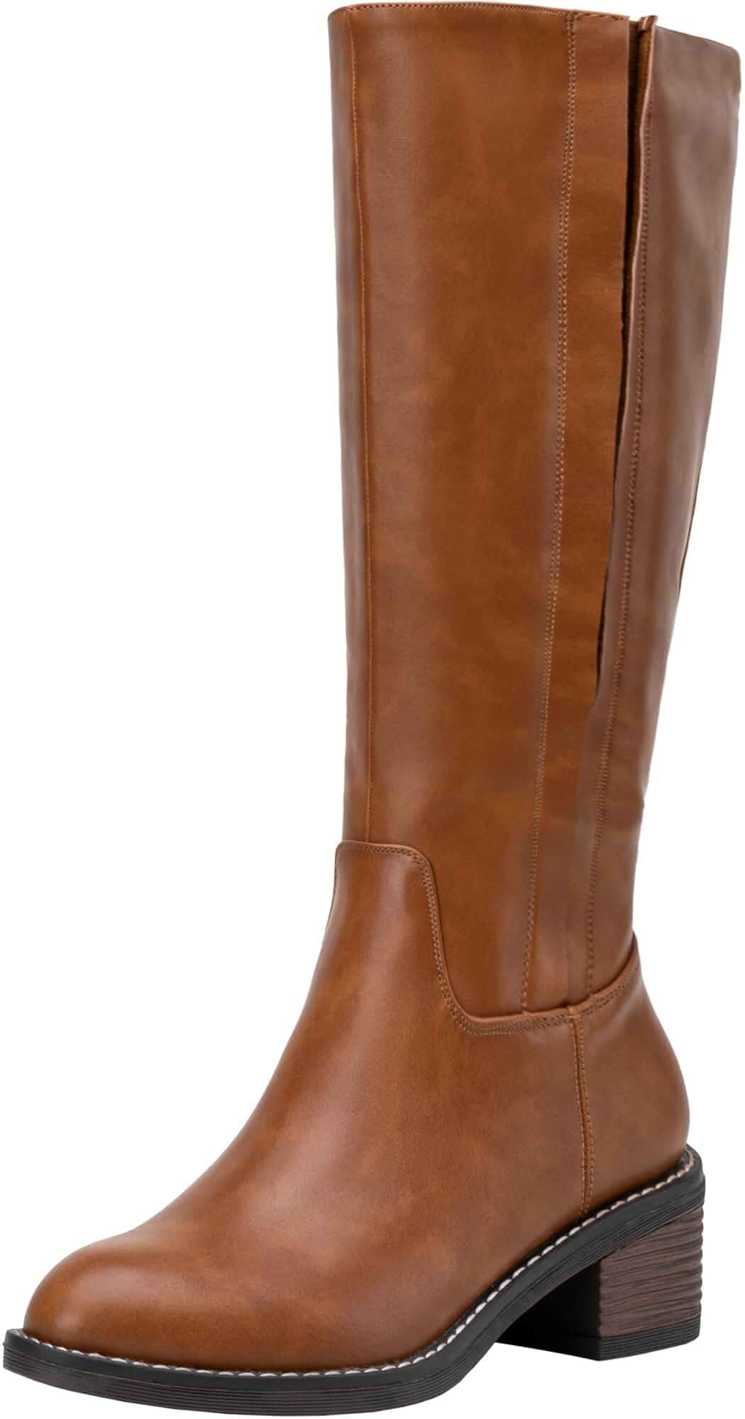Jeossy Women's Knee High Tall Faux Leather Boots Chunky Round Toe Riding Botas with Inner Zipper and Side Hidden Elastic Band