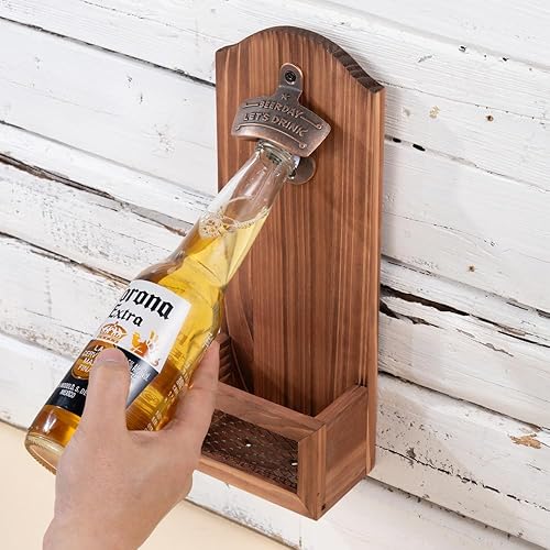 Miniatura 3 de Abrebotellas con tapa colectora, abrebotellas de madera vintage montado en la pared, regalo ideal para hombres y amantes de la cerveza, uso como