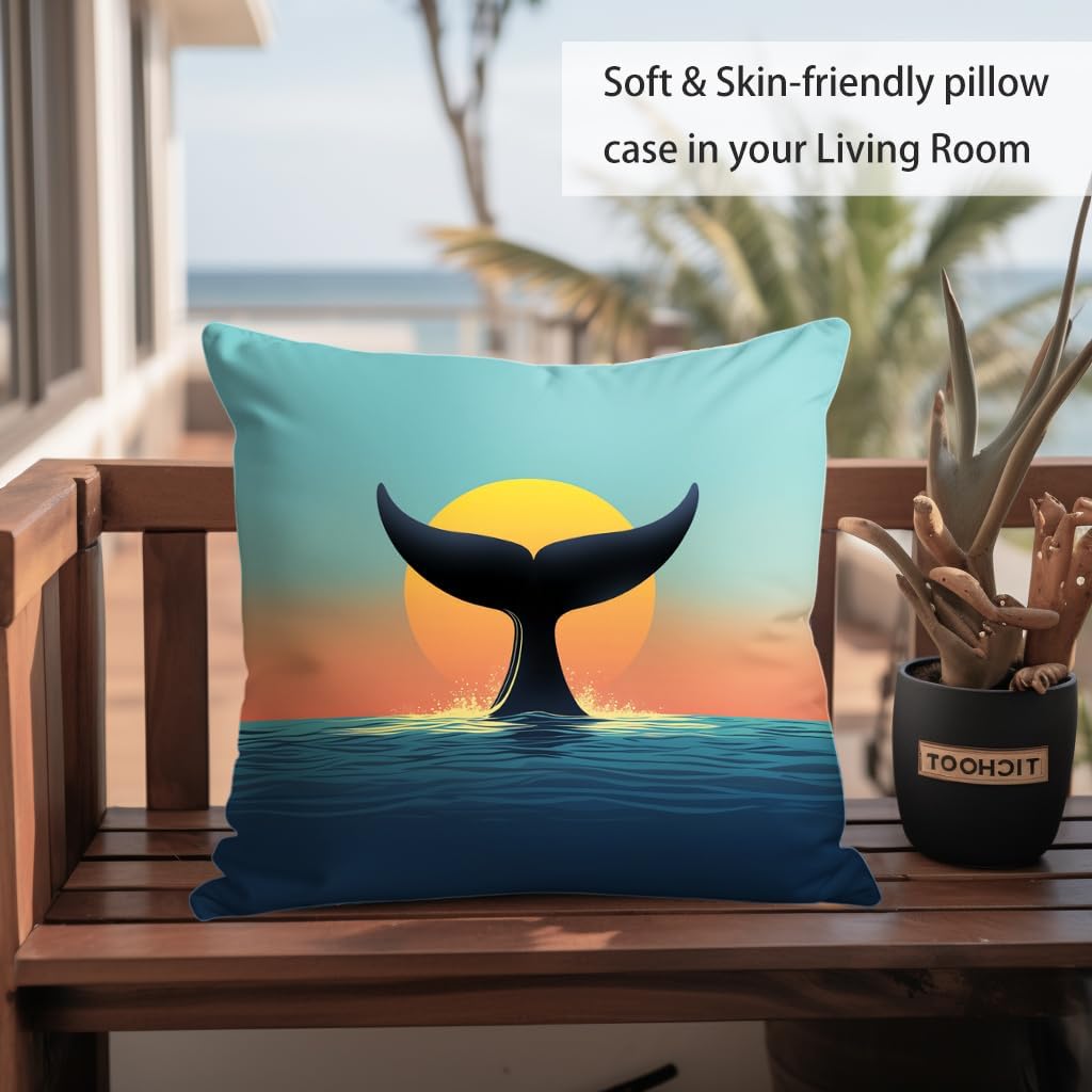 Whale Tail Sunset Pillow Cover, Double-Sided 24x24 Inch Decorative Throw Pillow Case for Living Room, Bedroom, Couch, Outdoor