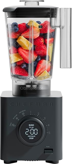 Chefman Obliterator Mixeur de Comptoir de 48 oz pour Smoothies, Moteur de 1380W pour Écraser Glace, Noix & Fruits Gelés avec Lame en Acier Inoxydable, Fonction Auto Blend, Comprend un Pousseur & Grattoir - MINUIT