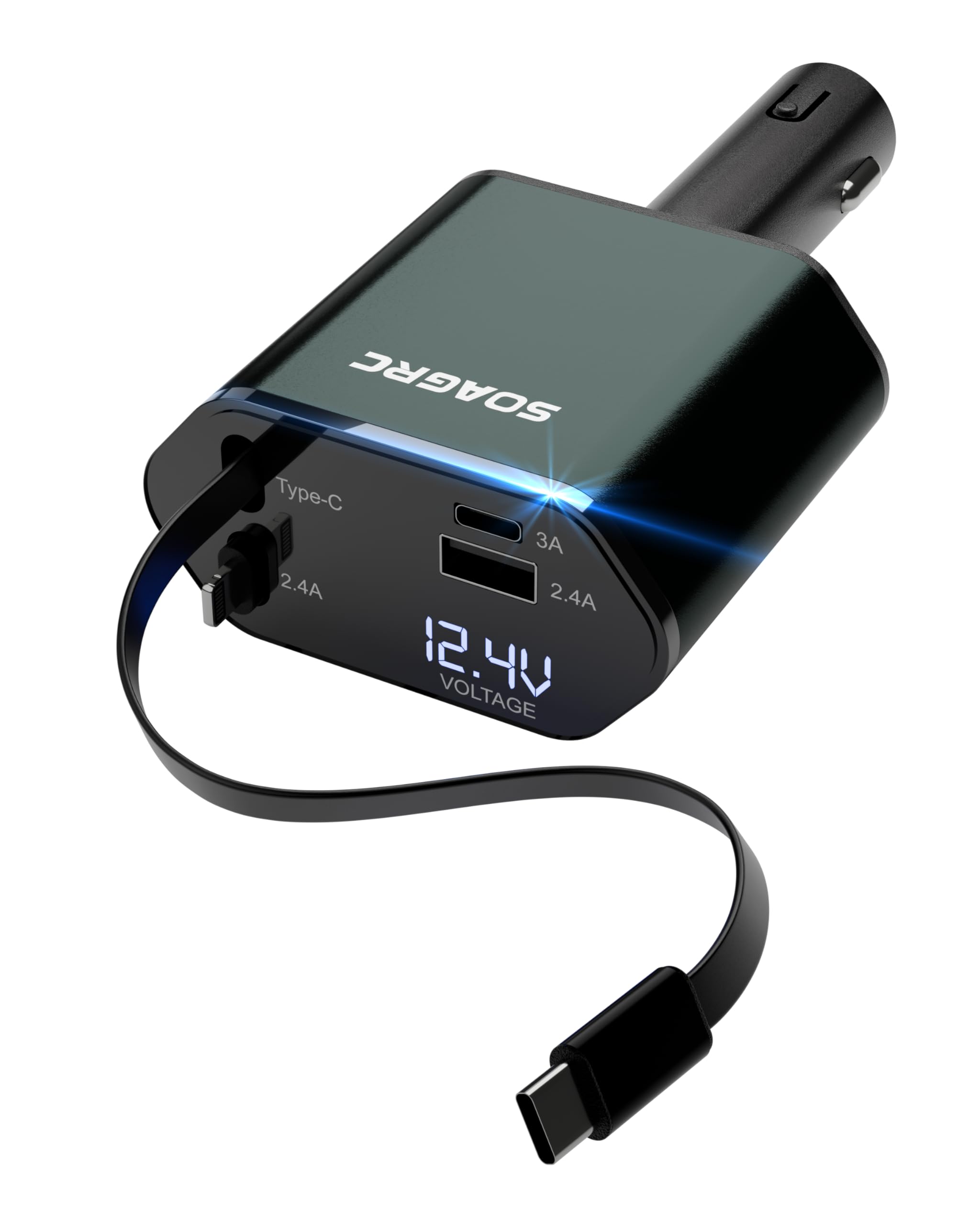 Soagrc Retractable Car Charger 69W, 4 in 1 Fast Charging Car Accessories for iPhone 16/15/14, Android Compatible, USB C, Travel Essentials Gifts for Men & Women