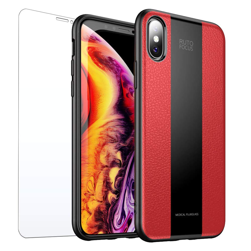 Foresightus iph xs max Cases Compatible with Apple iPhone 10s case Luxury Glass Leather i Phone aphone x s Cover IP xphone iPhone10 Protective Bumper sx Shockproof 6.5 inch-Black Red