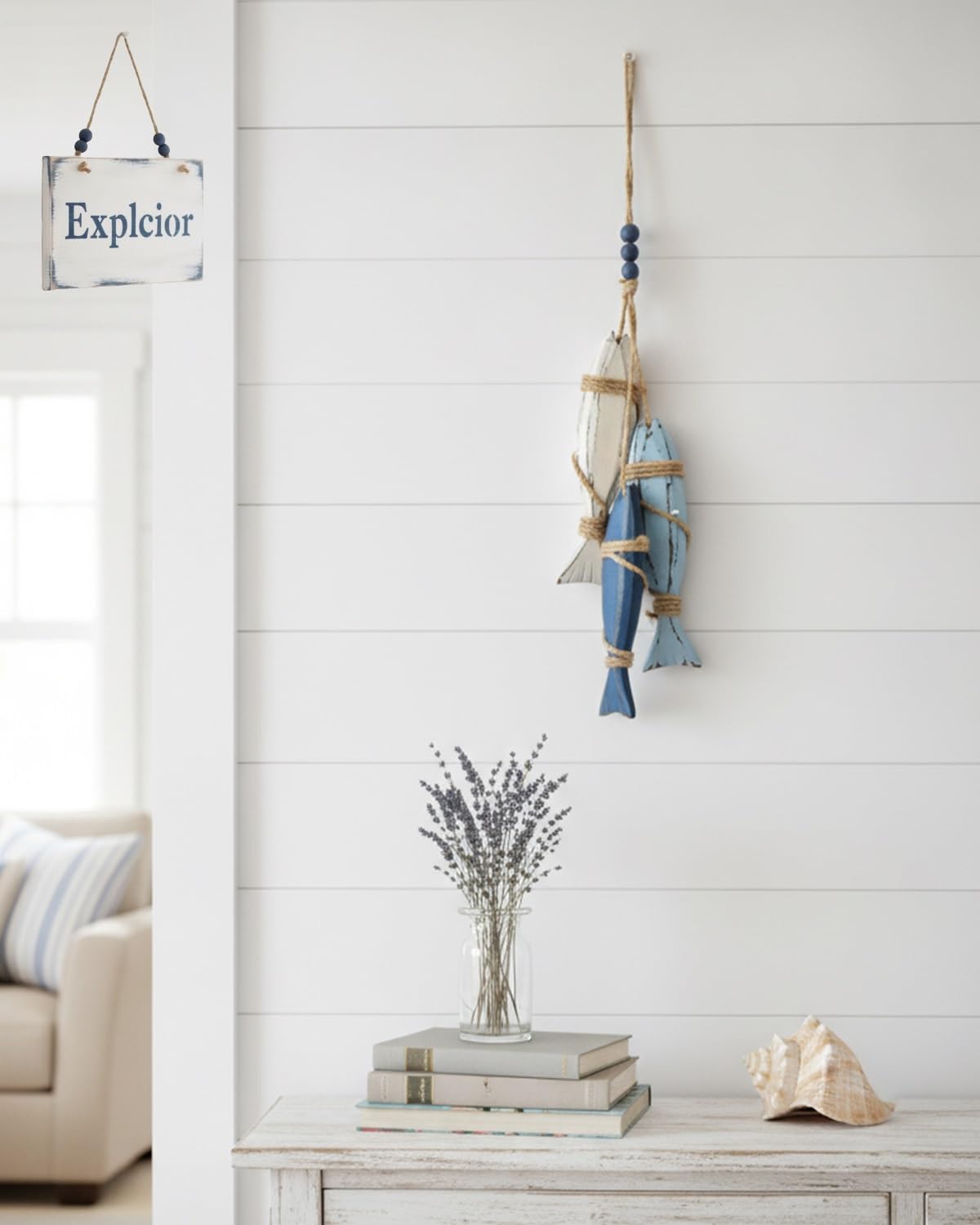 Explcior Lighted Wooden Fish & Starfish Wall Decor Beachy Mediterranean Nautical Wall Hanging Decor with Warm LED Wooden Coastal Beach Style Rope Ornament for Bathroom Porch & Beach House