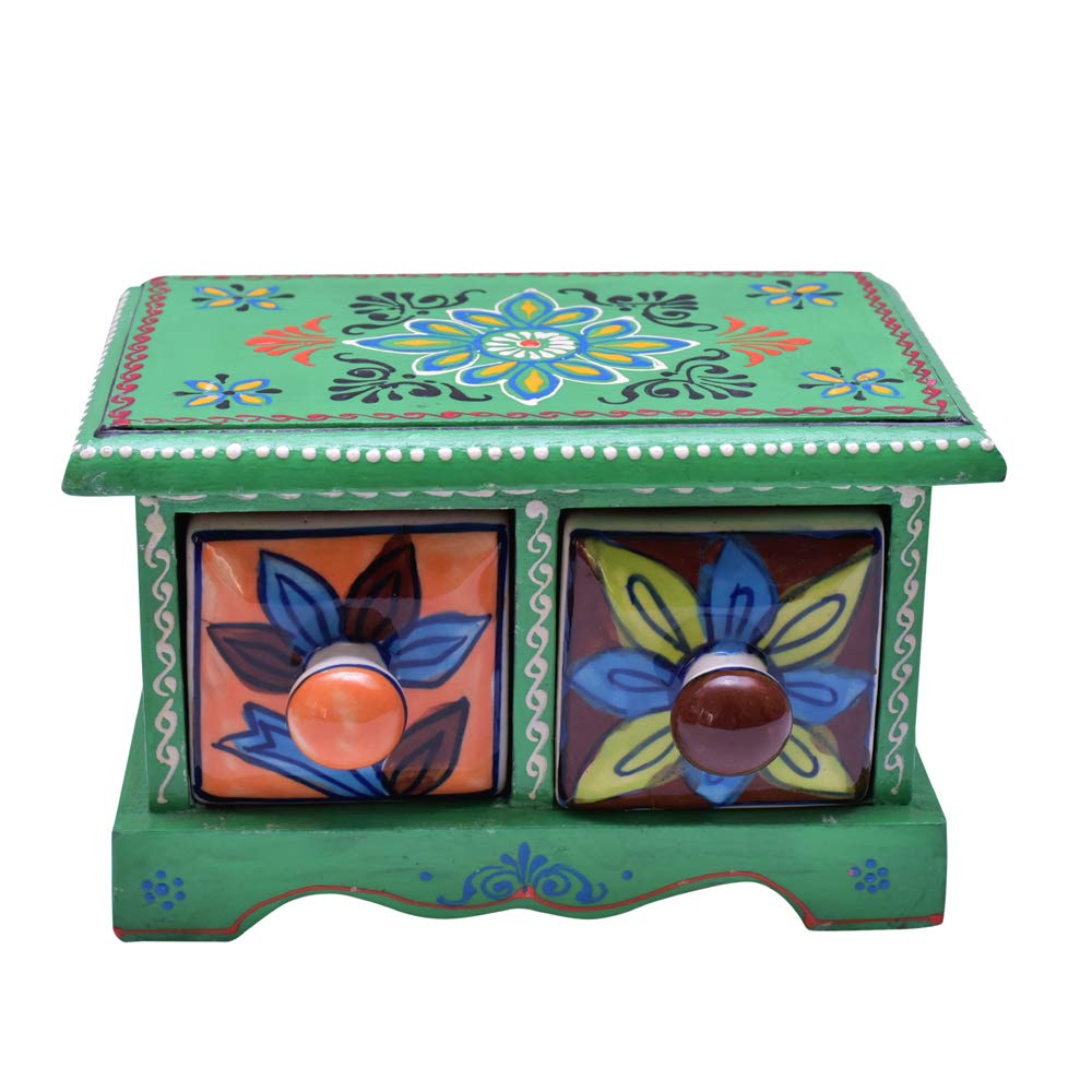 Embossed Painting Handmade Wooden and Ceramic 2 Drawers Small Chest Jewellery Organizer Desk Table (Green)-image-23