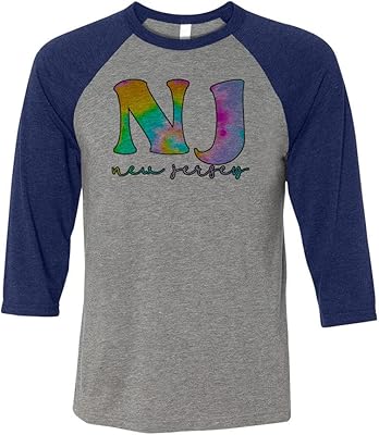 TeesAndTankYou Tie Dye New Jersey Three-Quarter Raglan Sleeve Baseball Shirt Unisex Large Grey/Navy
