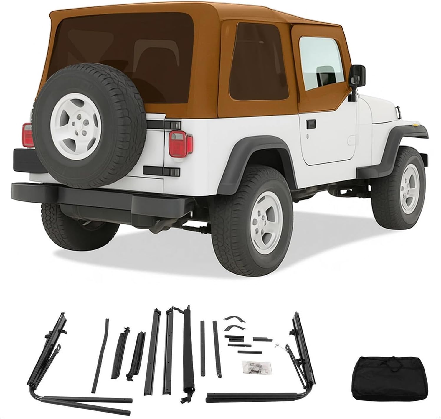 Soft Top with Support Bracket Compatible with 1987-1995 Jeep Wrangler YJ W/Squared Front Upper Half Doors, Replacement Convertible Soft Top with Aluminum, Steel Frame and Plastic Windows