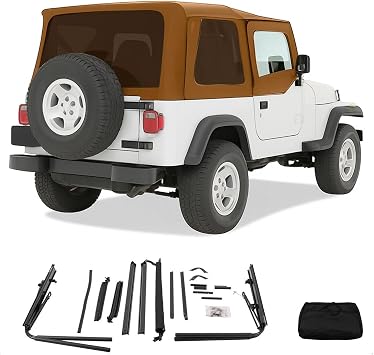 Soft Top with Support Bracket Compatible with 1987-1995 Jeep Wrangler YJ W/Squared Front Upper Half Doors, Replacement Convertible Soft Top with Aluminum, Steel Frame and Plastic Windows