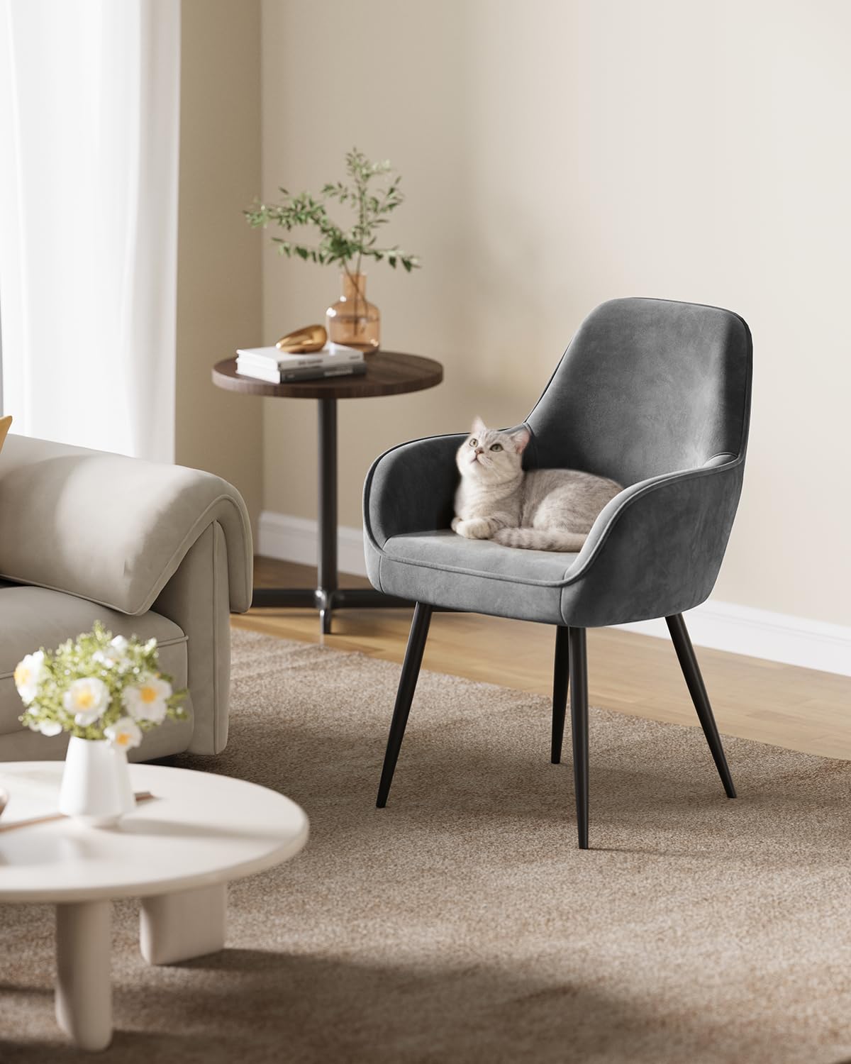 ELUCHANG Silla de Comedor Tapizada Terciopelo con Reposabrazos Pack 4, Ergonómica para Cocina, Dormitorio, Sala, Carga 120kg, Patas de Metal Estable, Gris Oscuro