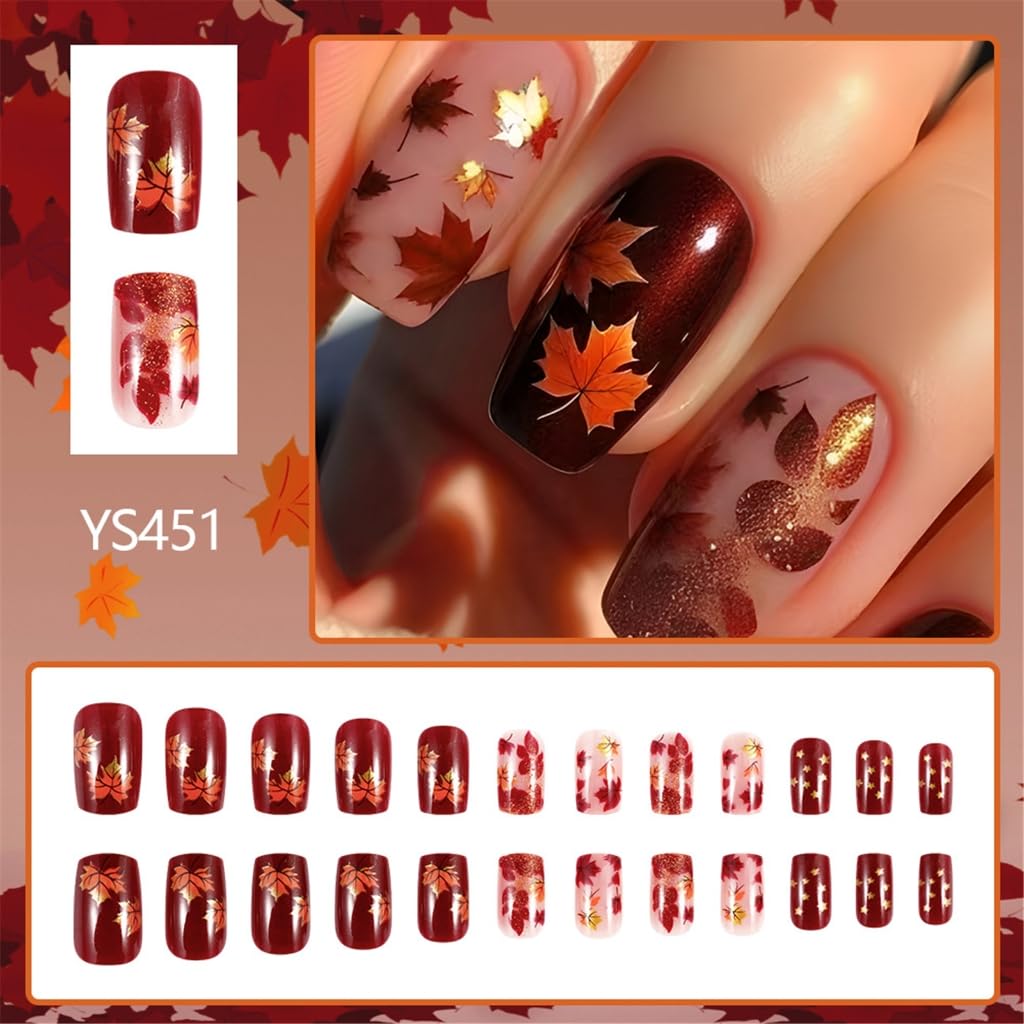24 Pieces Autumn Maple Leaves Thanksgiving Short Square False Nails Stick on Nails for Elegant Look