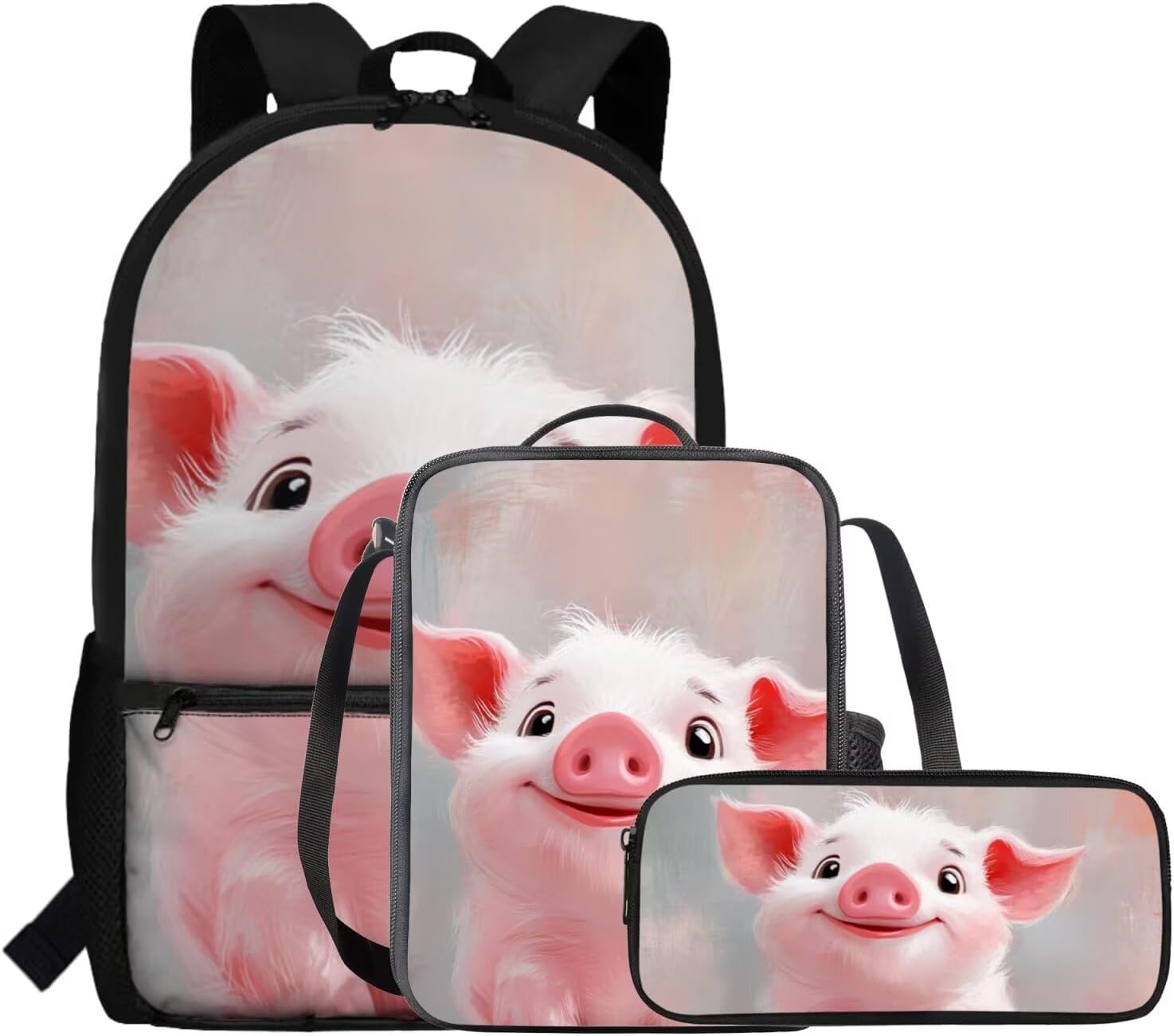 Cartoon Pig Backpack And Lunch Box for Girl Toddler,17 Inch School Bags for Girls 5-6 Years with Lunch Bag and Pencil Box Travel Bookbag with Adjustable Shoulder Strap for Kids 3 Pieces