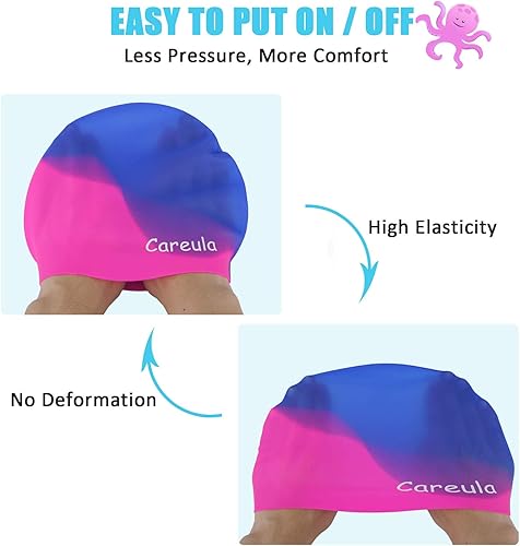 Miniatura 4 de Gorro de natación, paquete de 2 gorras de natación de silicona duradera para niños, niñas, jóvenes (2 a 12 años), suaves y ergonómicas 3D