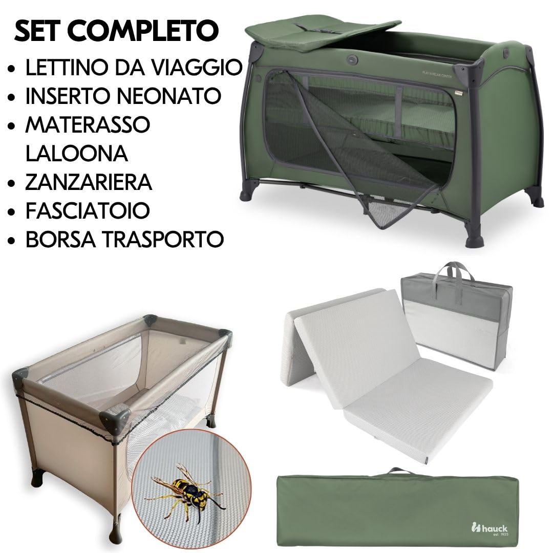 hauck Lettino da Viaggio Play N Relax Center con Materasso e Zanzariera, Lettino Campeggio Neonato con Fasciatoio, Inserto Neonato, Ruote e Borsa Trasporto, Verde Scuro