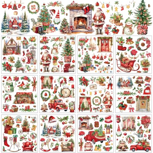 BBTO 12 Sheets Christmas Rub on Transfers for Crafts and Furniture Christmas Rub on Transfer Stickers Winter Decals for Wood DIY Paper Home Decor 5.5 x 5.7 Inch(Rustic)