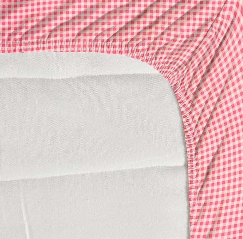 Image of Premium Cotton Fitted Bedsheet King Size 78 x 72 x 8 Inches with 2 Pillow Covers | 220 TC | All-Around Elastic Deep Pocket Bed Cover | Pink White Checks