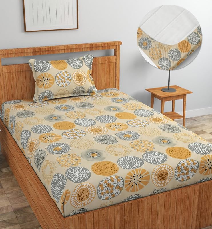 Image of NEW LEAF Premium Cotton Elastic Fitted Bedsheets with 1 Pillow Covers |Printed Single Bed Elastic 220 TC Supersoft Breathable & Wrinklefree | for 72x36+6 Inches, Cream Grey