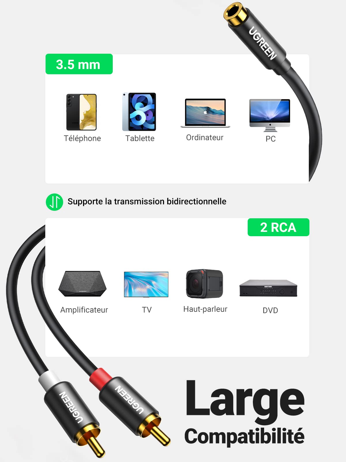 UGREEN Câble RCA Jack 3.5mm Femelle vers 2 RCA Mâle Adaptateur Stéréo Compatible avec Téléphone TV PC Tablette Ampli Chaîne HiFi Barre de Son Home Cinéma Enceinte 25CM