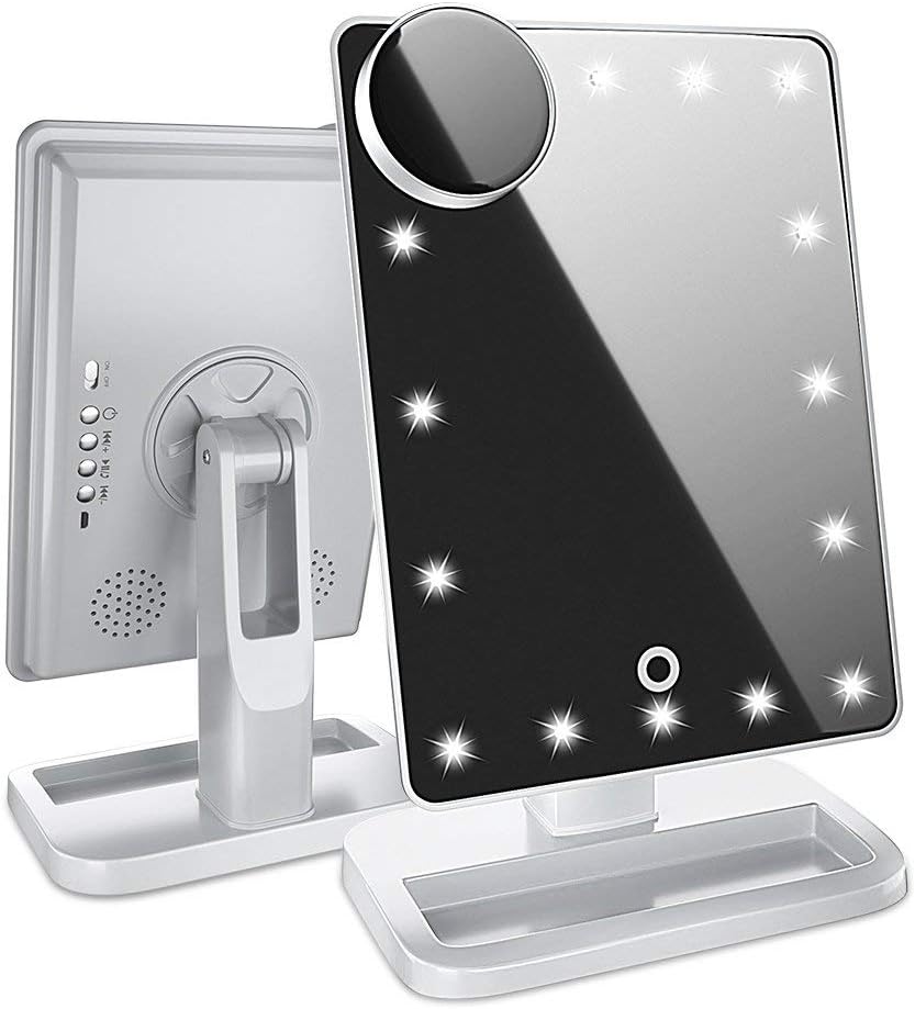 Hansong Vanity Makeup Mirror with Lights Bluetooth,Lighted Mirror with 20 LEDs, Touch Screen Wireless Audio Speaker,Detachable 10x Magnification,Rechargeable Power