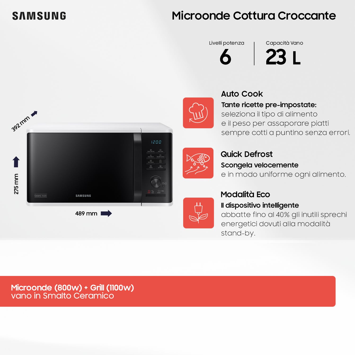 Samsung, Libera istallazione, Forno a Microonde Grill Advanced, MG2AK3515AW/ET, Cottura Croccante, Microonde + Grill 800 W + 1100 W, 23 L, 49l x 27,5h x 39p cm, Bianco