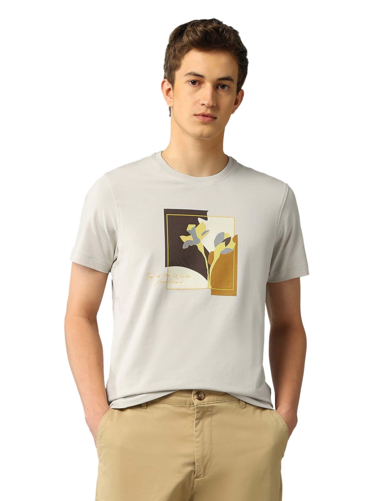 arrow New York Men's Grey Graphic Printed Collarless Half Sleeve Casual Cotton Regular Fit T-Shirt-picture-53