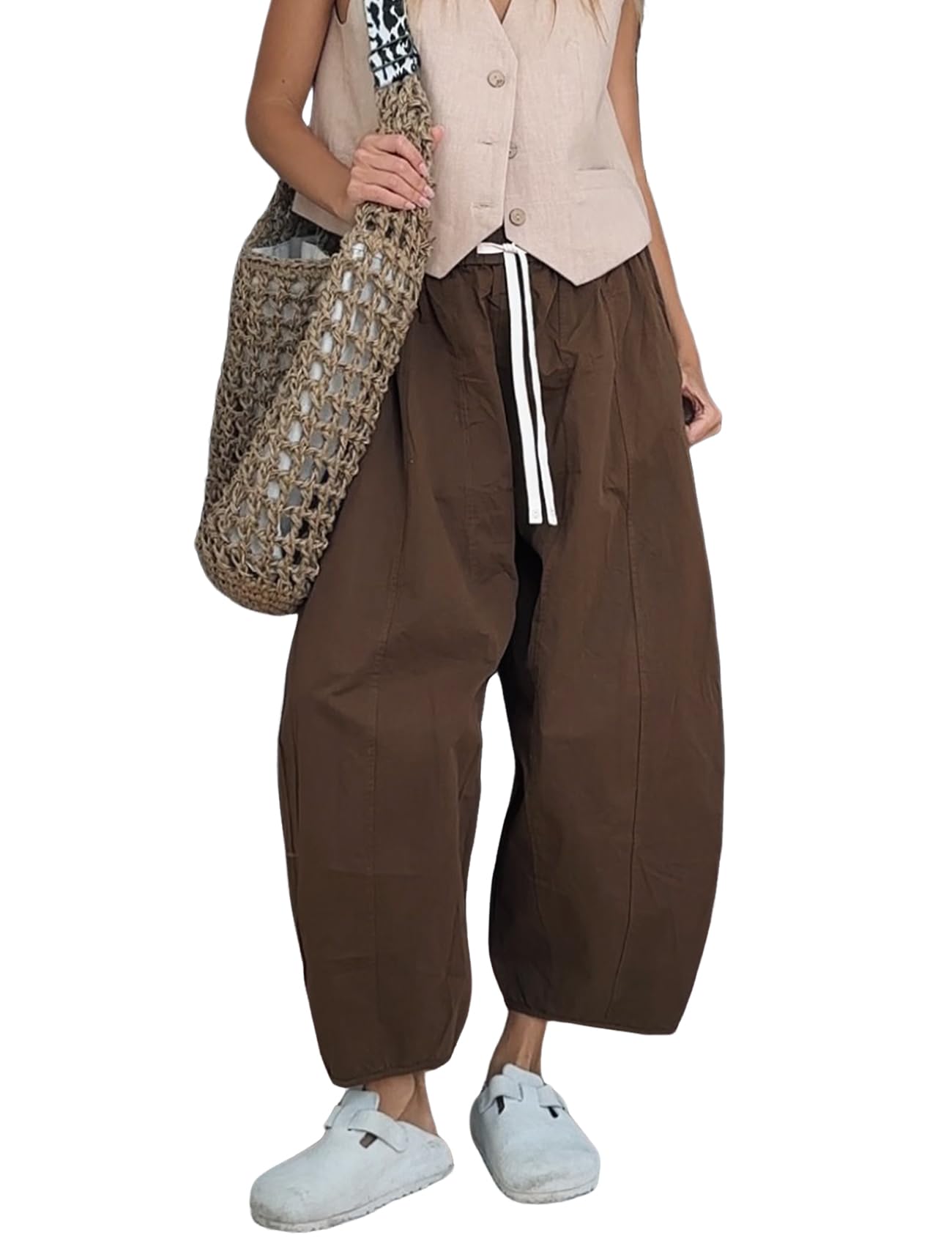 Gihuo Womens Cotton Wide Leg Pants Elastic Waist Harem Style Casual Baggy Palazzo Pants with Pockets