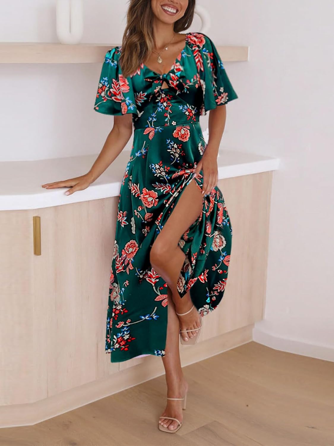 Fashionme Womens Dresses 2026 Maxi Dresses Deep V Neck Elegant Bow Tie Front Cap Sleeve Summer Floral Satin Smocked Dress - Image 4