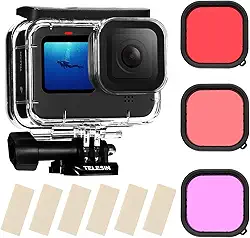 TELESIN Estojo À Prova D'Água com Filtro de Mergulho de 3 Pacotes para Gopro Hero 12 Hero 11 Hero 10 Hero 9 Preto Suporta 60M/196 Pés Mergulho Subaquático Mergulho Profundo com Filtro Magenta Vermelho