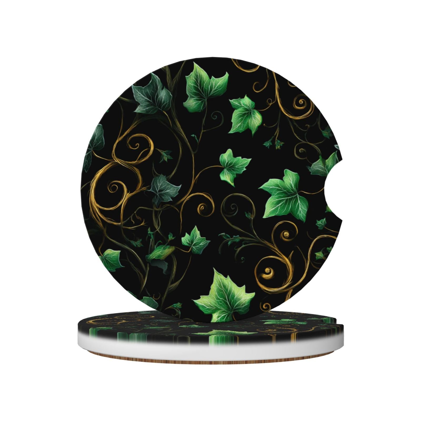 Green Ivy Herbs On Black Ceramic Coasters,2pcs