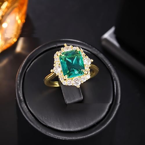 Miniatura 2 de Anillo de compromiso con halo de piedras preciosas de corte esmeralda, chapado en oro amarillo de 18 quilates, plata verde simulada esmeralda y
