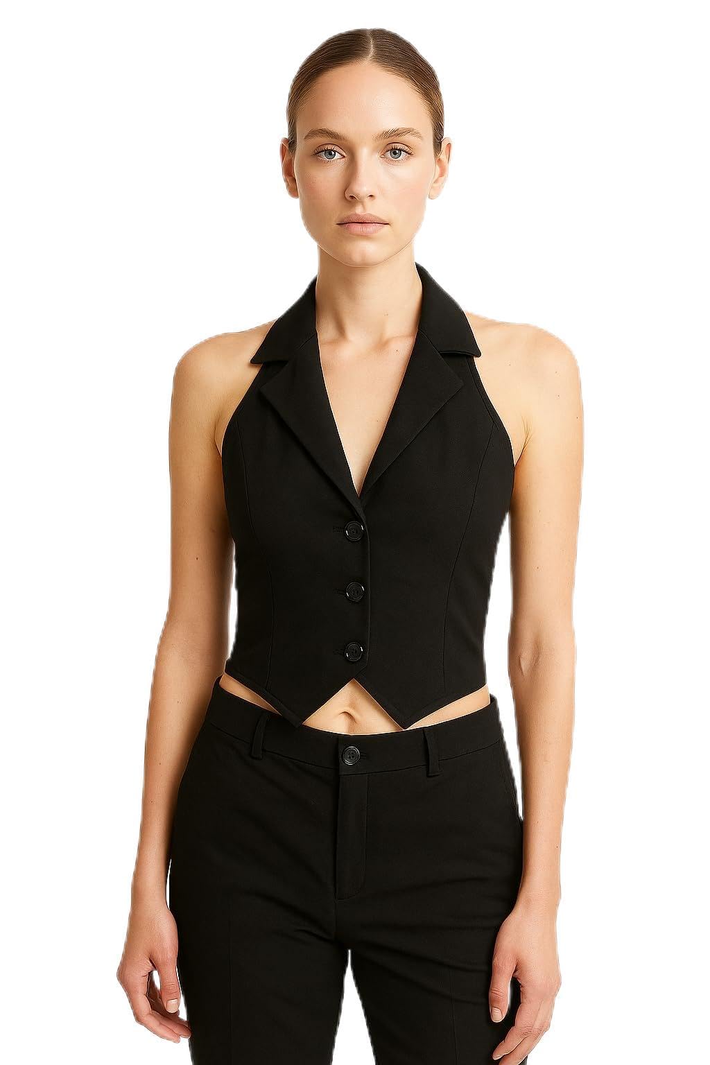 Apparels Women's Halter Neck Cropped Waistcoat Vest, Black, Button Front, Lapel Collar, Elegant Everyday Style-image-18