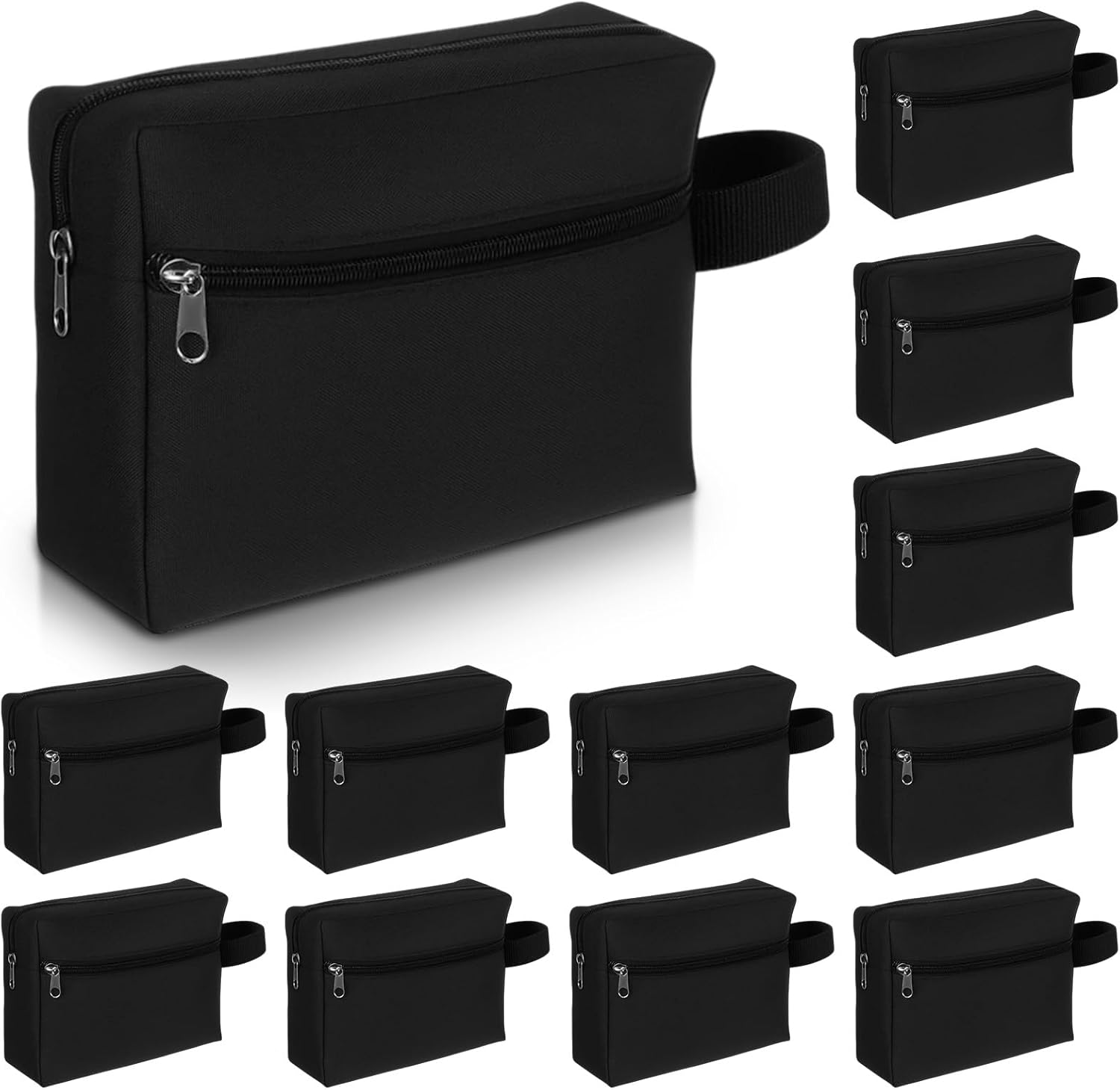 12 Pcs 8.6 x 6.3 x 2.7 inch Black Travel Toiletry Bags Bulk for Women Men Large Water Resistant Shaving Bags Hanging Cosmetic Bag with Handle and Divider Storage Travel Pouch Case